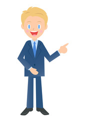 横を指差して説明するビジネスマン　男性会社員のイラスト素材