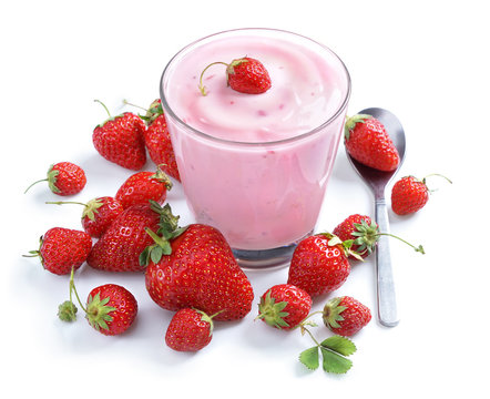 Strawberry yogurt with fresh strawberry isolated on white background. High resolution product.