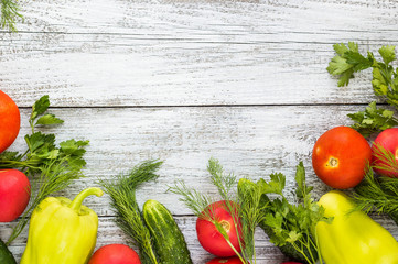 Top view of fresh vegetables and spices