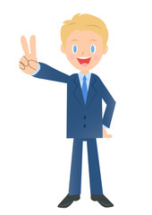ピースサインのビジネスマン、男性会社員のイラスト素材