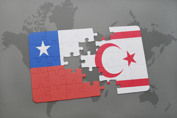 puzzle with the national flag of chile and northern cyprus on a world map background.