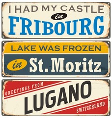 Vintage signs collection with cities and tourist attractions in Switzerland