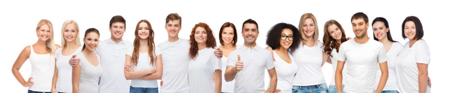 group of happy different people in white t-shirts