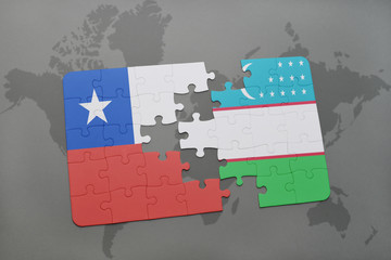puzzle with the national flag of chile and uzbekistan on a world map background.