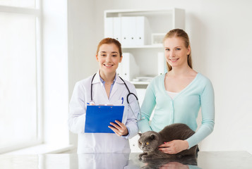 happy woman with cat and doctor at vet clinic