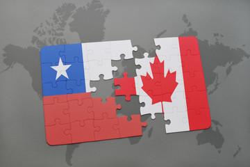puzzle with the national flag of chile and canada on a world map background.