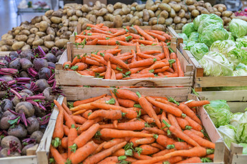 Vegetables on display in a supermarket