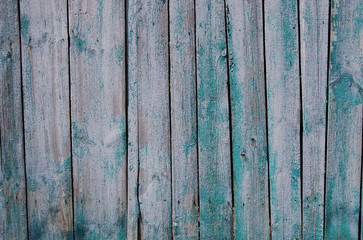 Fototapeta premium old weathered fence with scratched paint, green wooden background, planks