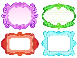 Set of four ornate label style frames in different colors