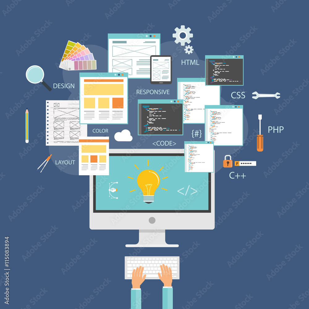 Aufkleber graphic design and web developer working on monitor concept