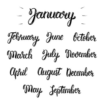 Trendy hand lettering set of months of the year. Brush handwritten names of months. Fashion graphics, art print. Calligraphic isolated set in black ink. Vector