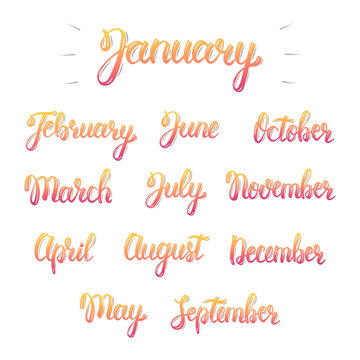 Trendy hand lettering set of months of the year. Brush handwritten names of months. Fashion graphics, art print. Calligraphic colored isolated set. Vector