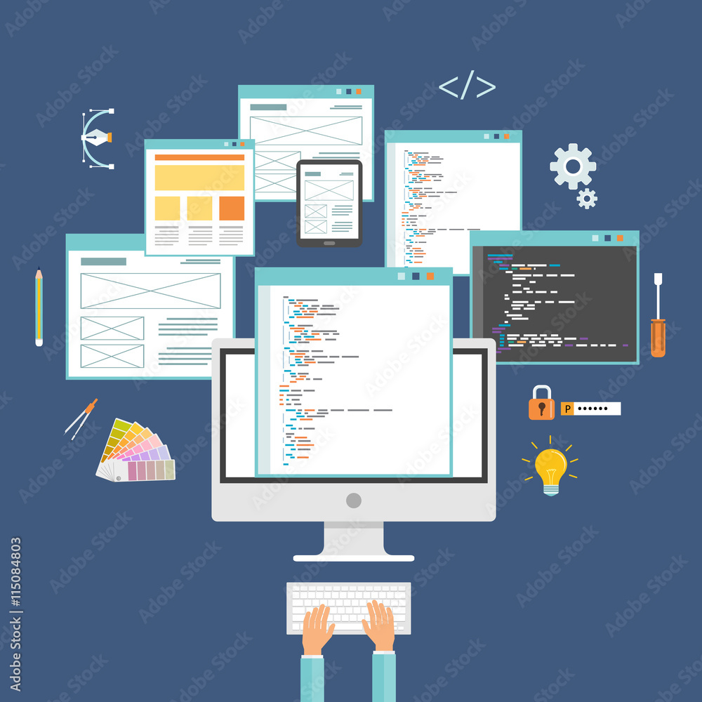 Poster web design and web developer working on monitor concept