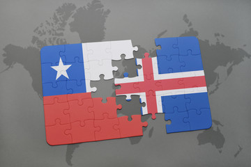 puzzle with the national flag of chile and iceland on a world map background.