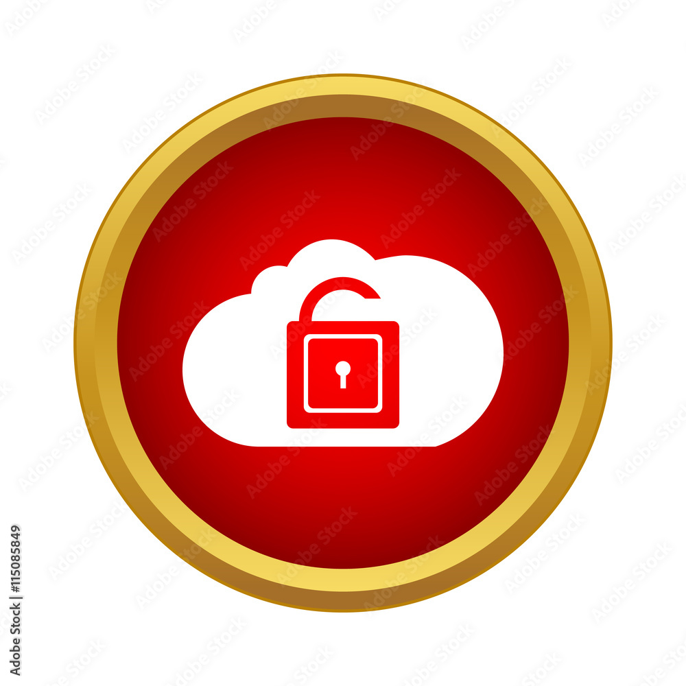 Poster cloud with opened padlock icon in simple style on a white background