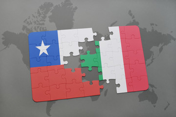 puzzle with the national flag of chile and italy on a world map background.
