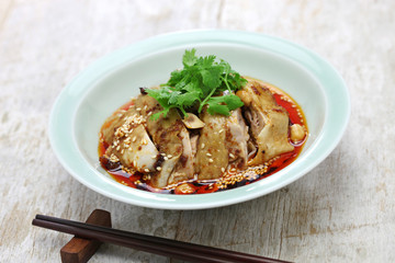 saliva chicken, mouthwatering chicken, poached chicken with chili oil sauce, China Sichuan cuisine