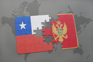 puzzle with the national flag of chile and montenegro on a world map background.