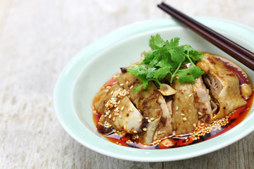 saliva chicken, mouthwatering chicken, poached chicken with chili oil sauce, China Sichuan cuisine