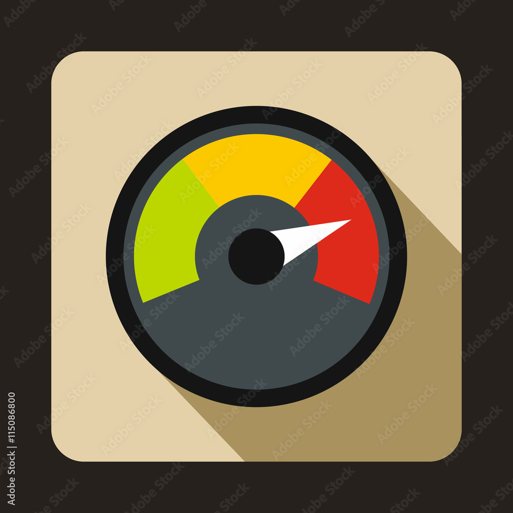 Poster speedometer at maximum speed icon in flat style with long shadow. auto spare parts symbol