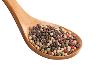 pepper in wooden spoon isolated on white background