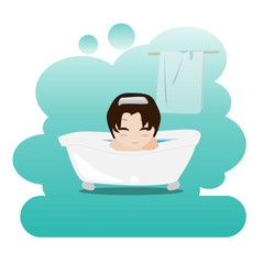 Man taking a relaxing bubble bath in the bathroom. Shower. Picture on personal hygiene. Vector illustration. EPS10