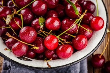 Organic ripe cherries in a bowl with drops