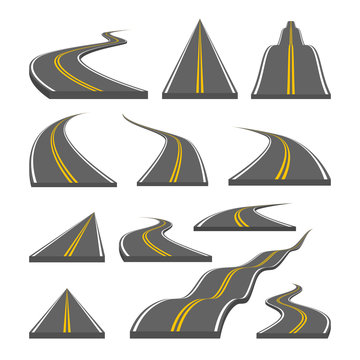 Road vector illustration. Curved and ditrection highway with markings. Road set.