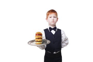 Little boy waiter stands with tray serving hamburger, isolated