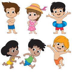 set of children feeling happy on the beach.vector and illustrati