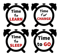 Set of clocks with text. Isolated on white background