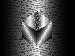 Geometric cube with computer digital data code zero and one.