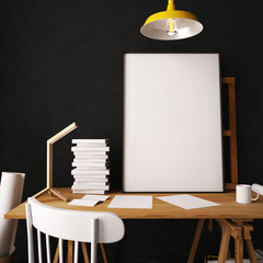 Desk in hipster style loft. mockup interior with posters. 3d