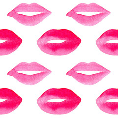 Hand drawn watercolor pink lips. Vector seamless pattern for nail studio and beauty salon, for cards, wallpapers, backgrounds for a valentines day.