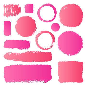 Hand drawn abstract make up paint brush strokes. Vector set collection of pink gradient smears paint isolated on white background.