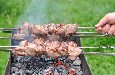 Barbecue Beef Kebabs On The Hot Grill Close-up. Coals In The Bac