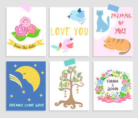 A set of Stickers on the theme of Wedding and Love. Gold signs.