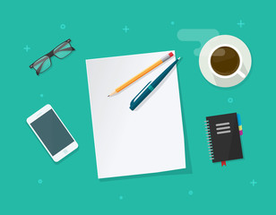 Empty paper sheet with pencil pen on workdesk vector illustration top view, concept of working table of student or pupil, flat education things on green color background