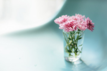 Pink flowers in the morning on the table, morning's light, delicate flowers in the early morning. Blurred background, flare light, Shallow DOF.