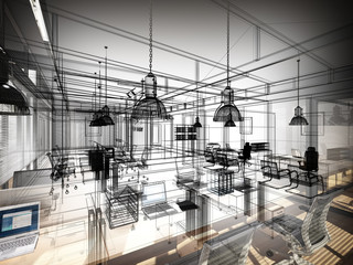 sketch design of interior office, wire frame