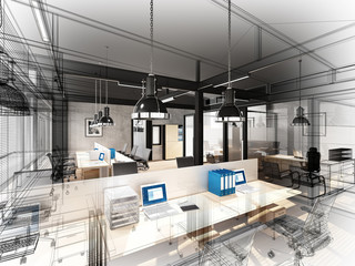 sketch design of interior office, wire frame