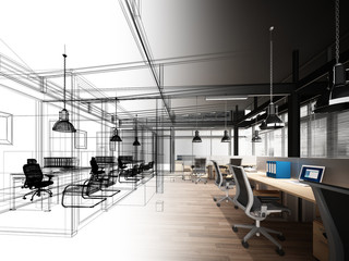 sketch design of interior office, wire frame