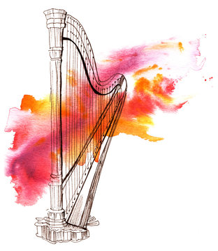 Pen and ink drawing of vintage harp with watercolor stain