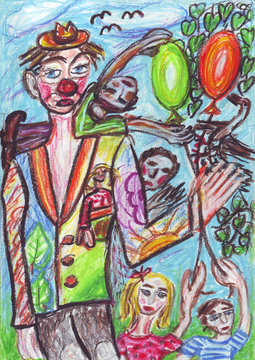 Clown and kids oil pastel painting