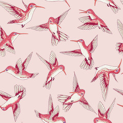 vector seamless flying little birds of paradise conversational pattern, spring summer time, gentle romantic humming-bird, colibri background allover print design