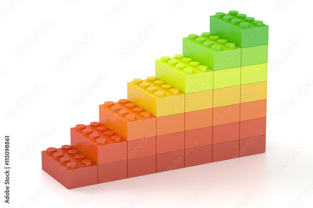 Poster growing bar chart from color building toy blocks, 3d rendering
