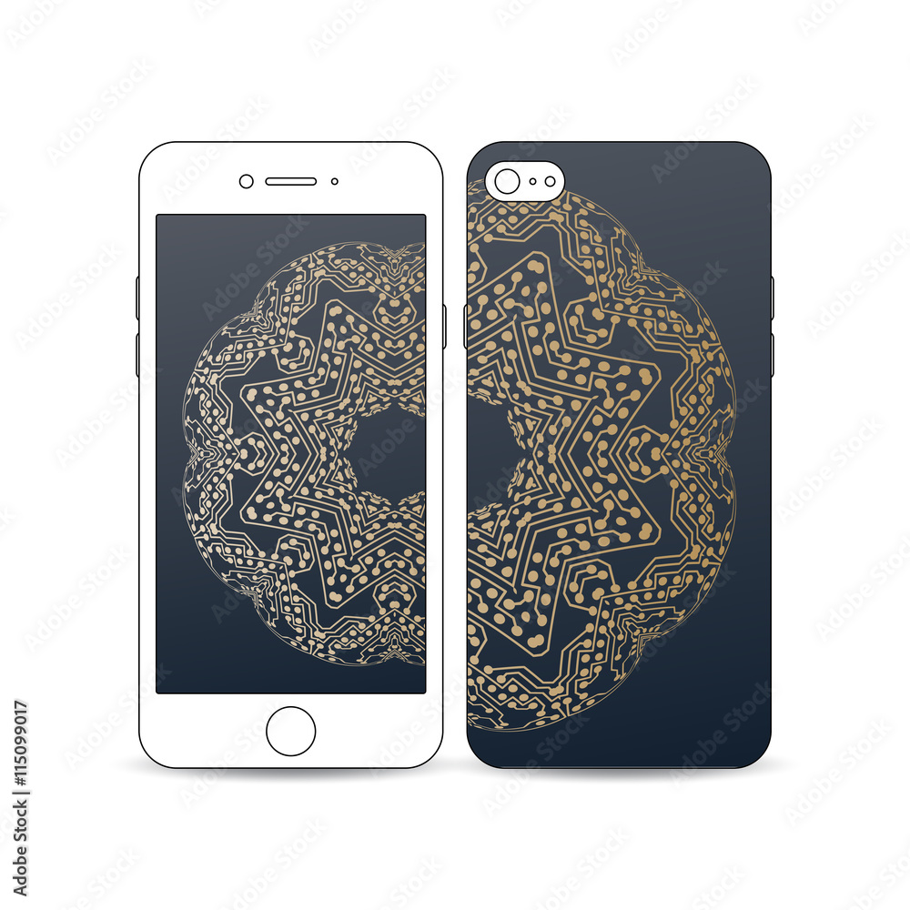 Poster mobile smartphone with an example of the screen and cover design isolated on white background. golde