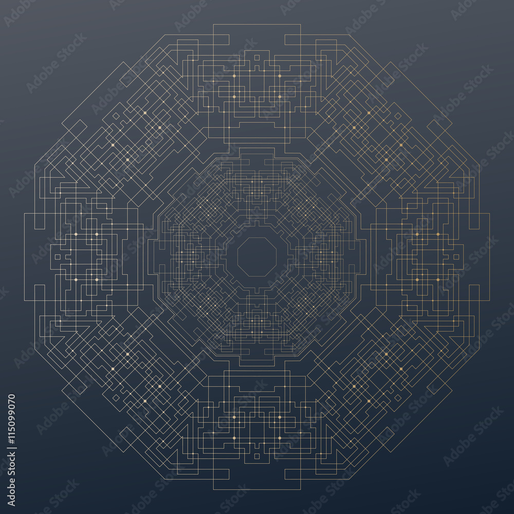 Poster abstract round technology pattern on dark background, golden mandala template with connecting lines 