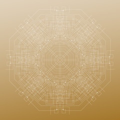 Abstract round technology pattern isolated on golden background, mandala template with connecting lines and dots, connection structure. Digital scientific vector
