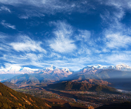 View of the Himalayan mountains from Sarangkot, Pokhara .